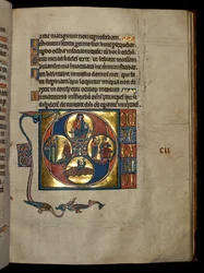Ms 322 f.99r, Salme 101, initial D, Kristus velsignelse, David stirrede på Bathsheba, Nathan irettesætter David og den angrende David, der beder, illustration fra 